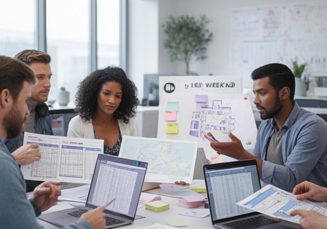 Team members of a concert promotion company reviewing tour schedules and venue layouts in a bright modern office