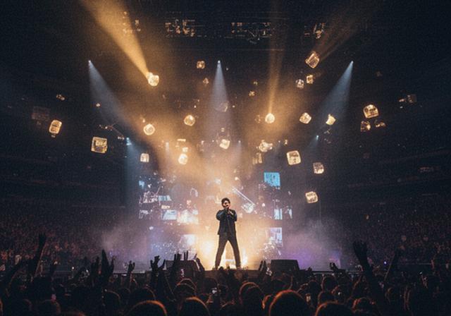 The Weeknd performing on a large stage with dramatic lighting at an arena concert in England